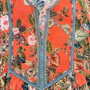 Johnny Was S floral dress tunic red orange embroidered turquoise chest detail